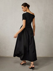 Asymmetrical Neck Pleated Long Dress