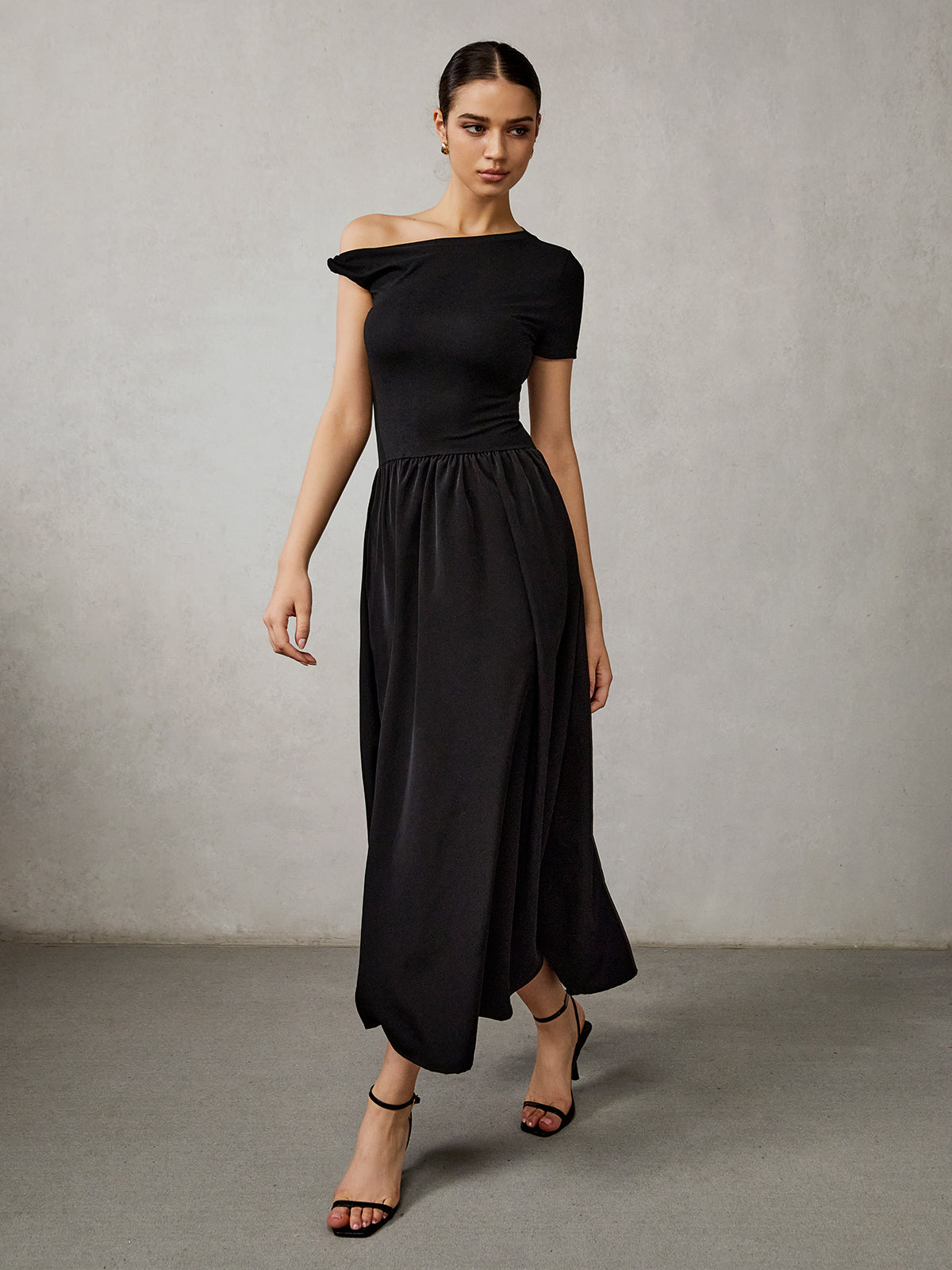 Asymmetrical Neck Pleated Long Dress