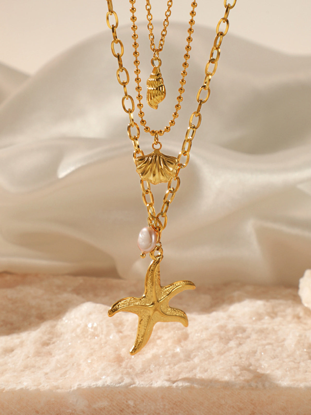 Triple Layers Pearl Starfish Necklace