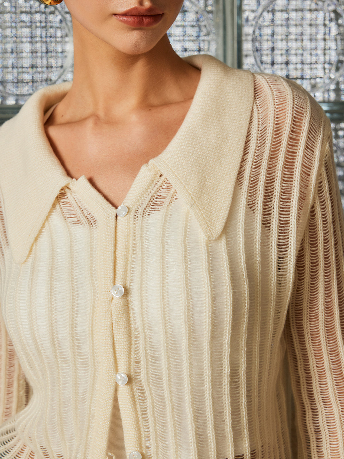 Lapel Draped Hollow Knit Cardigan