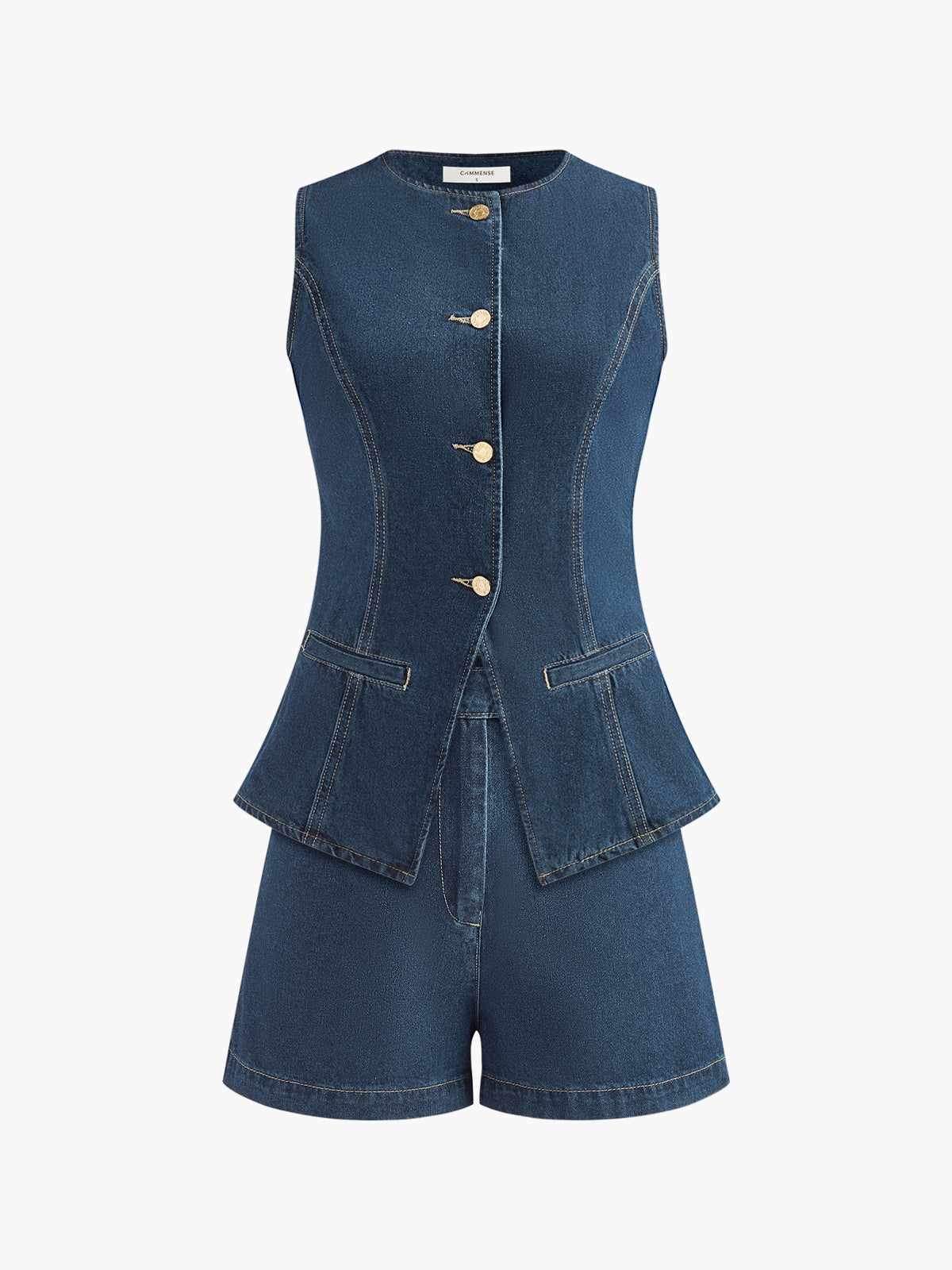 Denim Peplum Vest With Shorts Set