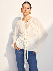 Lace Up Pleated Chiffon Shirt