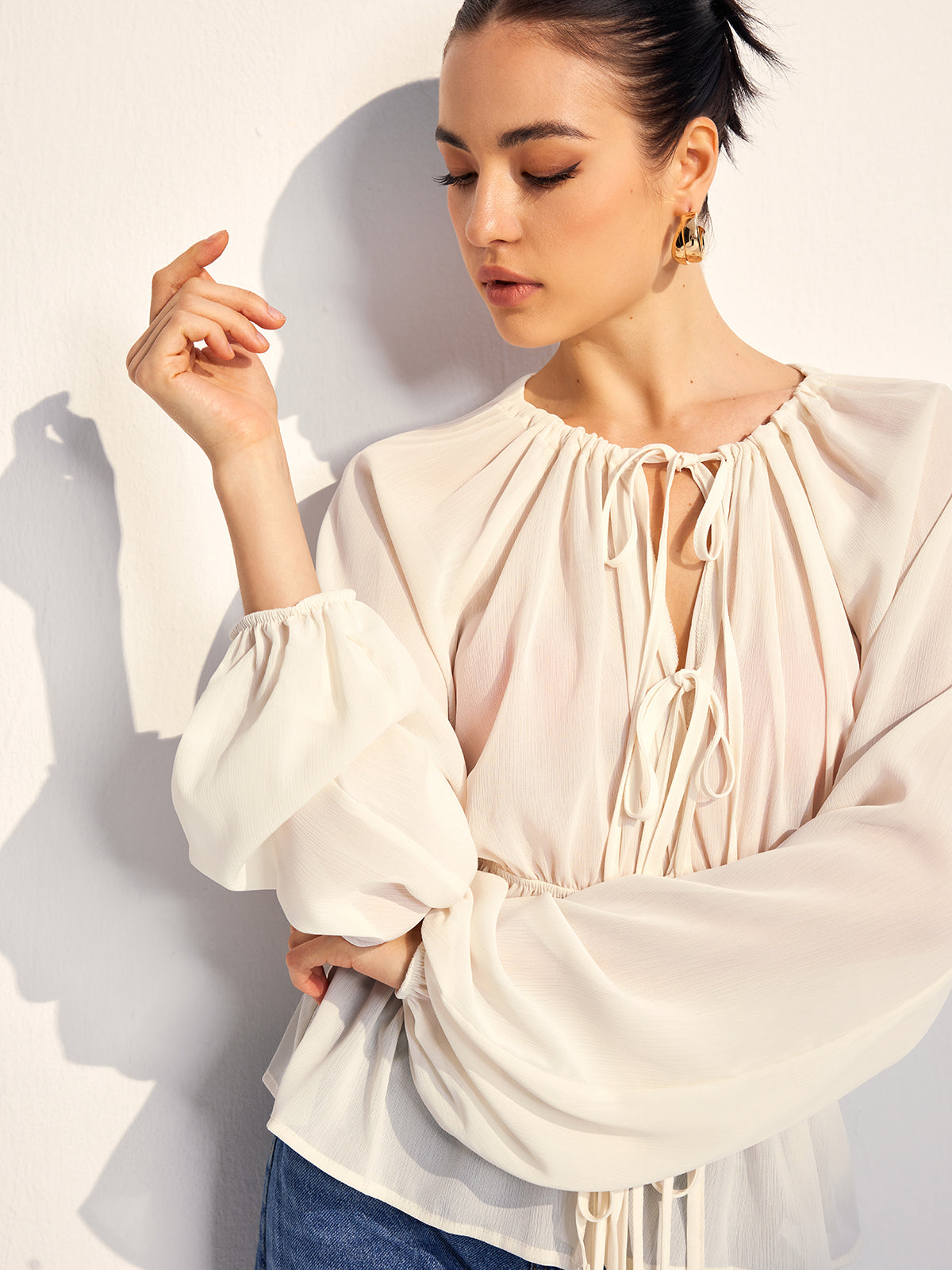 Lace Up Pleated Chiffon Shirt