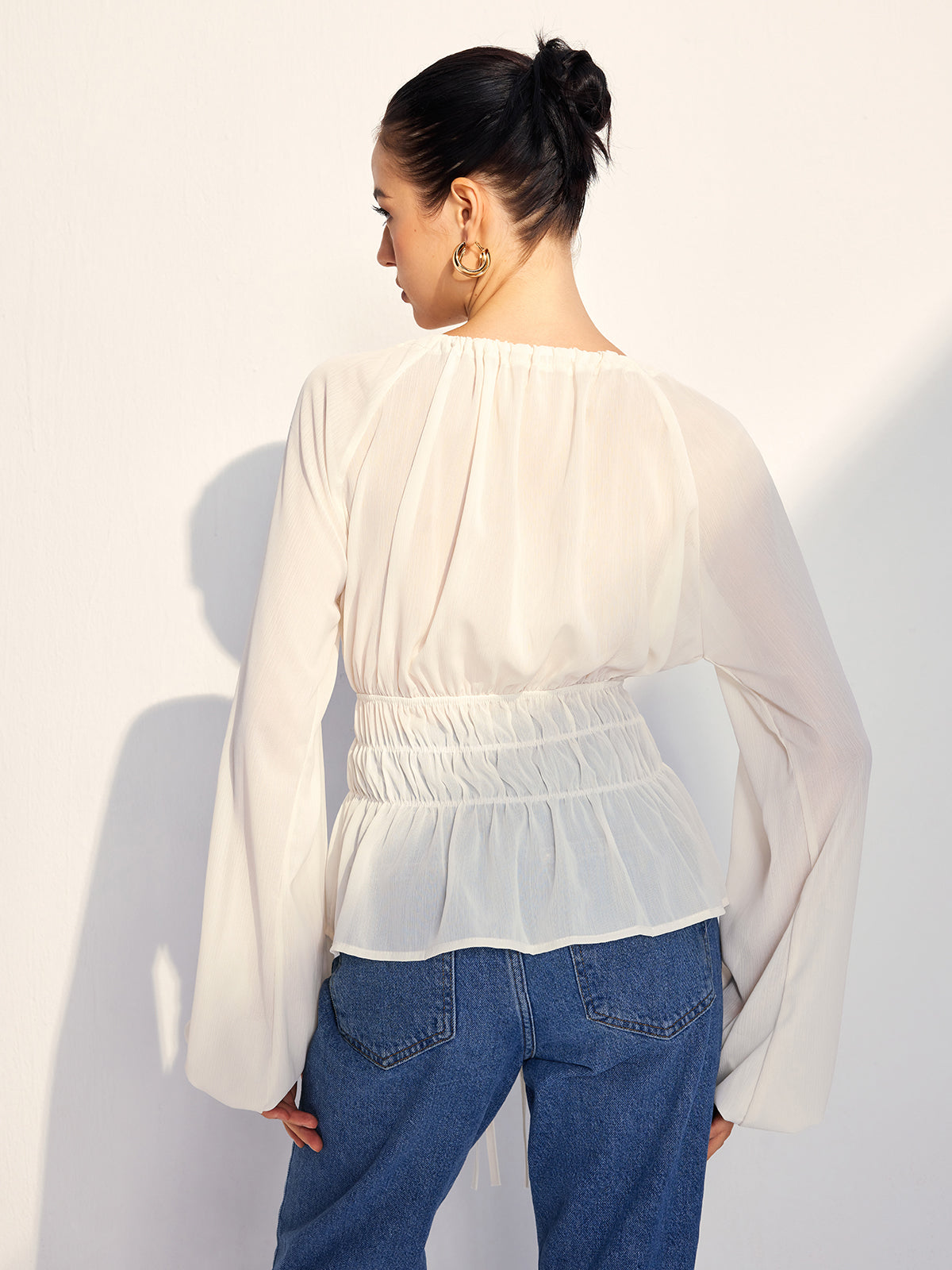 Lace Up Pleated Chiffon Shirt