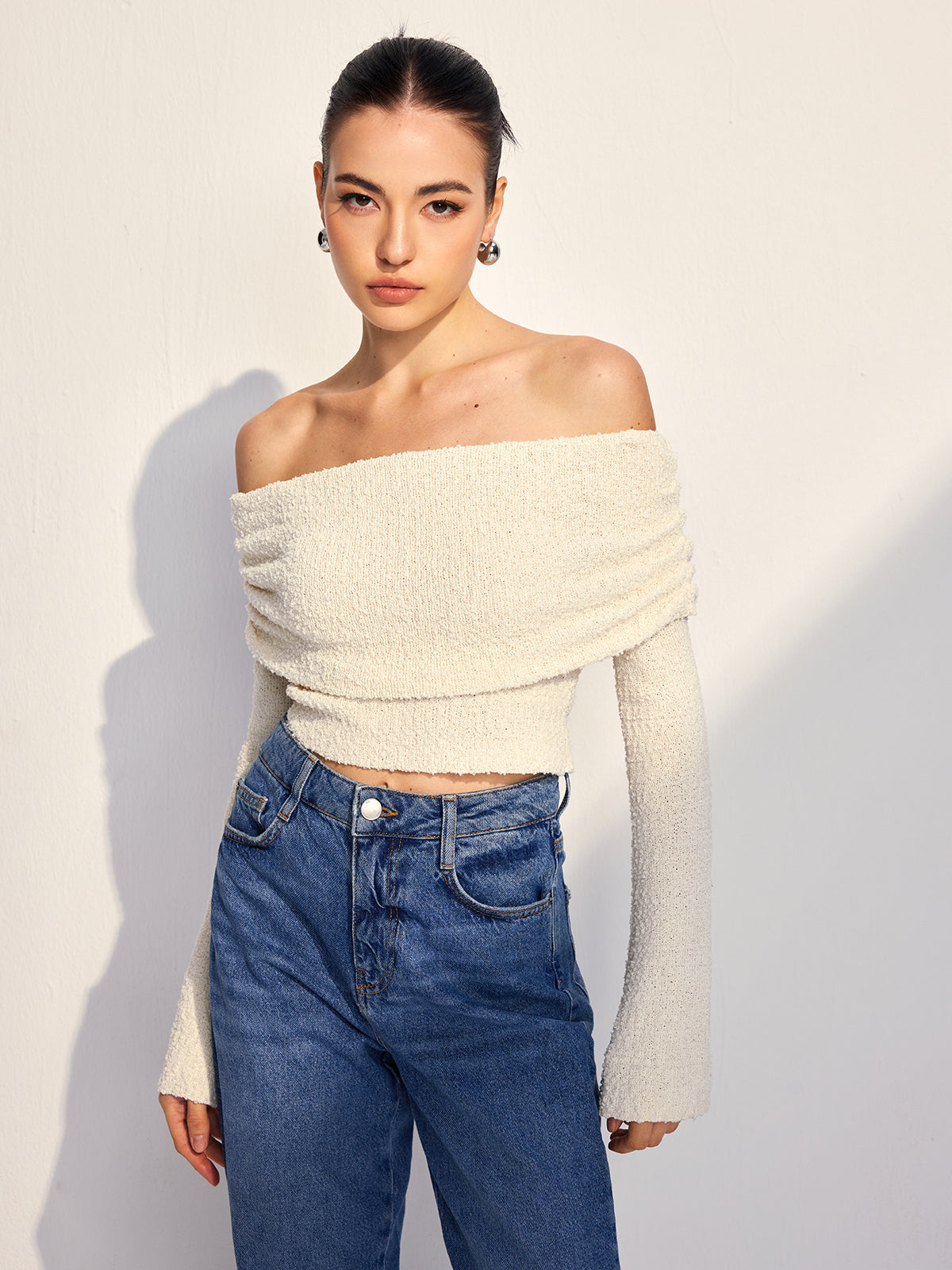 Off Shoulder Plain Knit Top