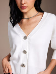 Flower-Button V-Neck Cardigan