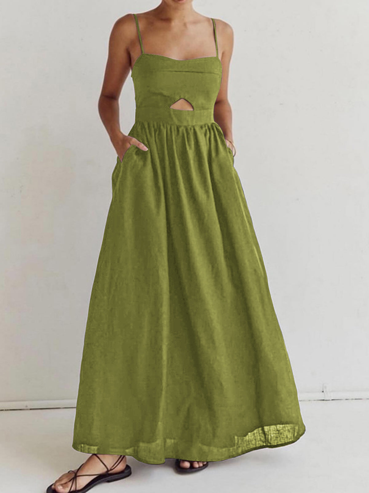 Cotton Sleeveless Pockets Cutout Long Dress