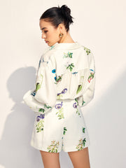 Floral Printed Lapel Long Sleeve Shorts Set