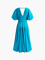 V-Neck Pleated Bell-Sleeve Dress