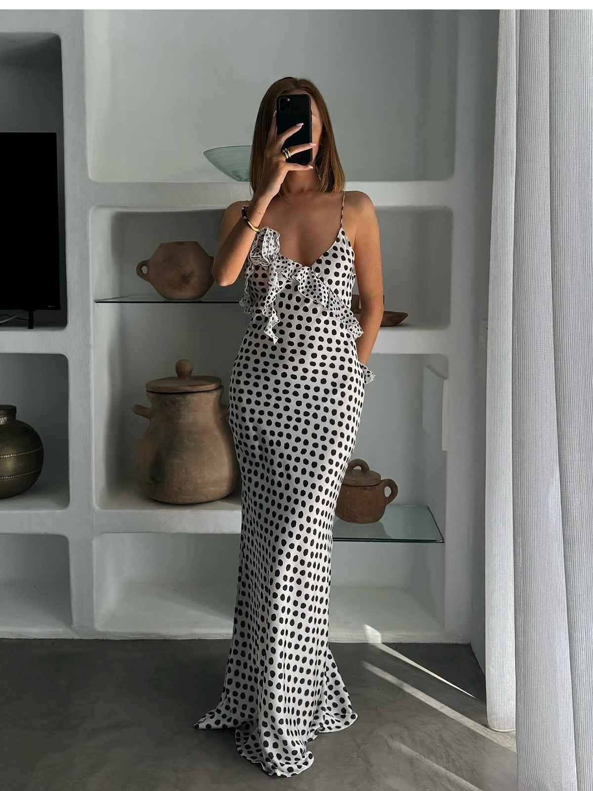 Ruffle Polka Dot Backless Cami Long Dress