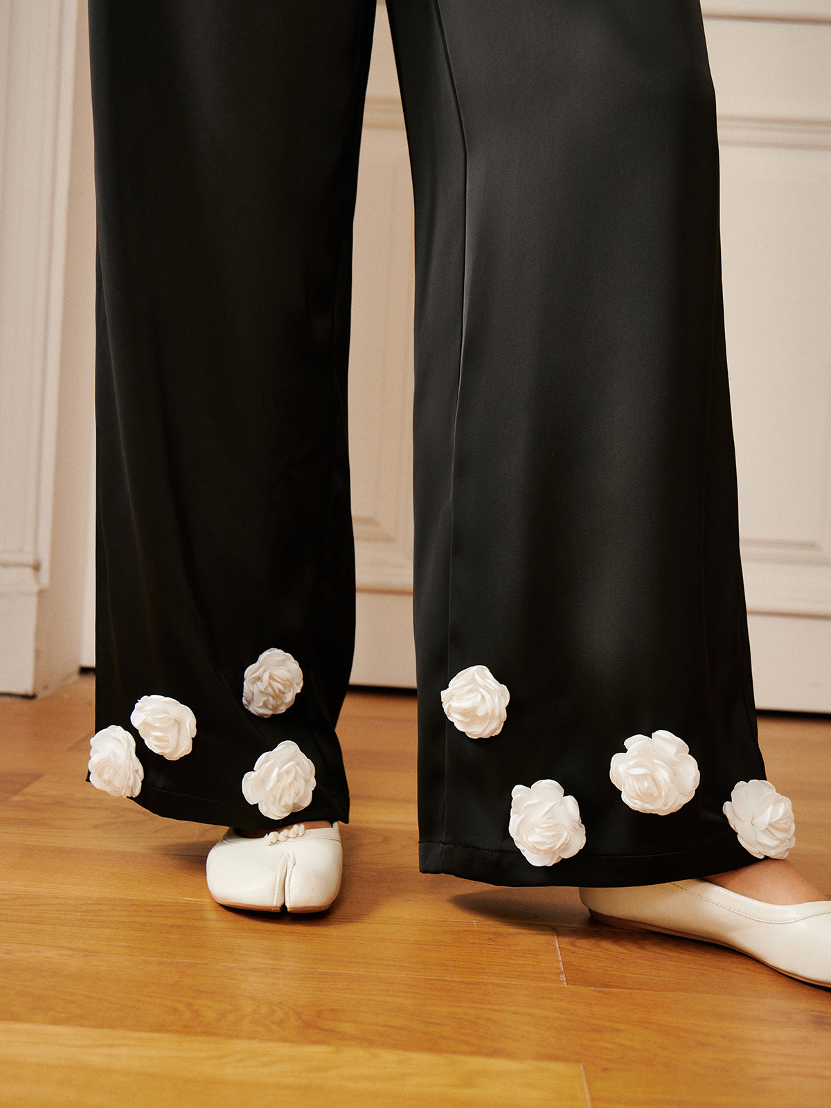 Satin 3D Flower Button Pants