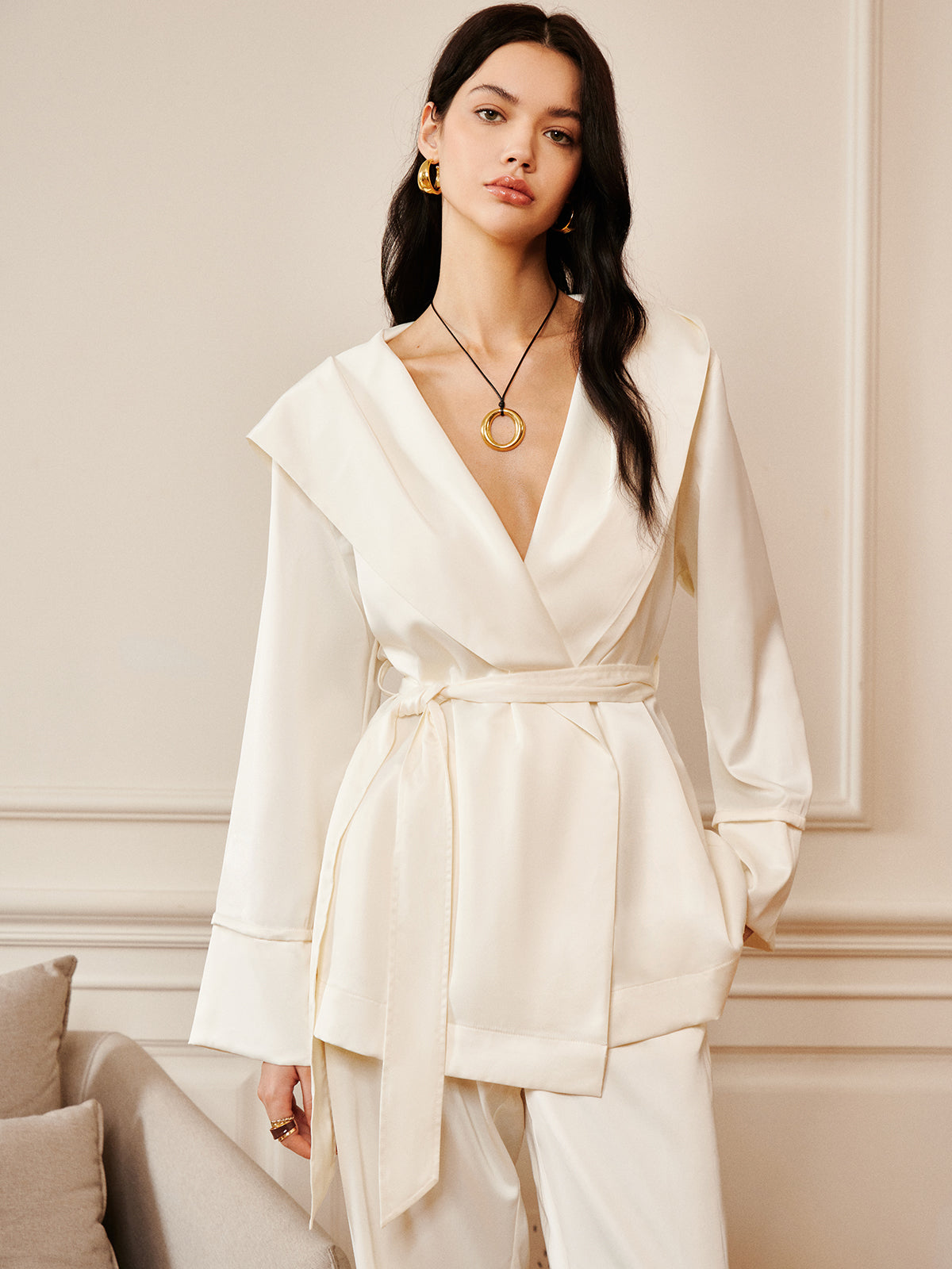 Satin Solid Hood Belted Shirt