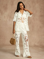 Floral Embroidery Hollow Pants Set