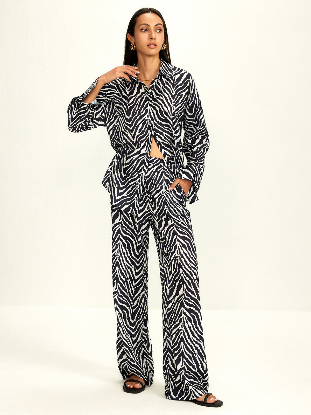 Zebra Stripe Lapel Loose Pants Set