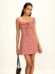 Ruffle Neck Jacquard Plaid Short Dress