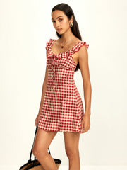 Ruffle Neck Jacquard Plaid Short Dress