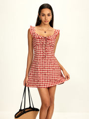 Ruffle Neck Jacquard Plaid Short Dress