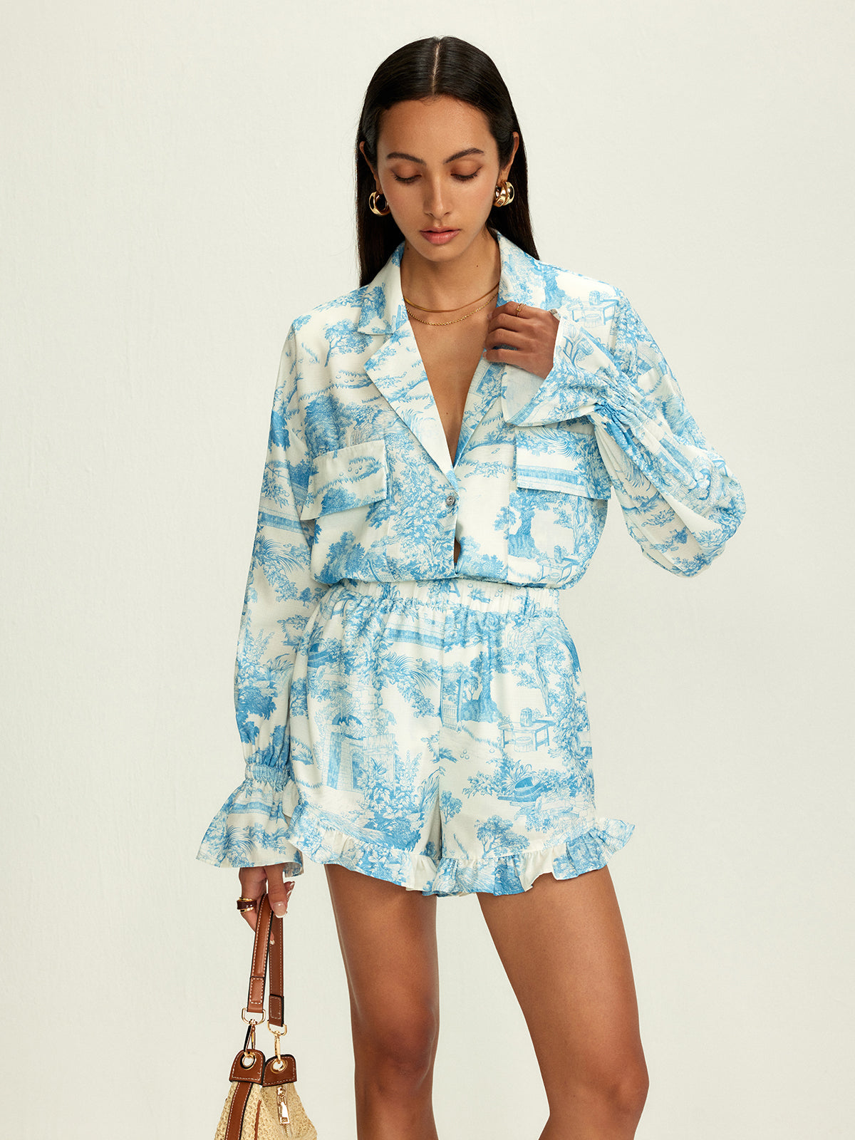 Lapel Ruffle Printed Shorts Set