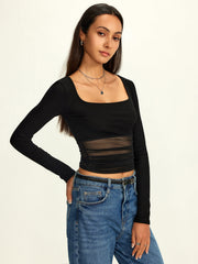 Mesh Square Neck Semi-Sheer Blouse