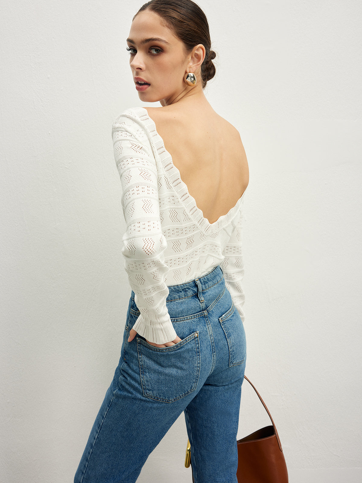 Lettuce Trim Backless Pointelle Knit Top