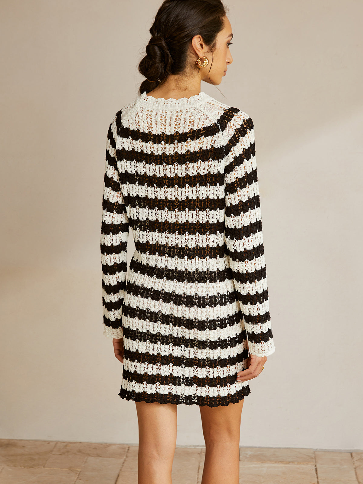 Striped Lettuce Trim Hollow Sweater