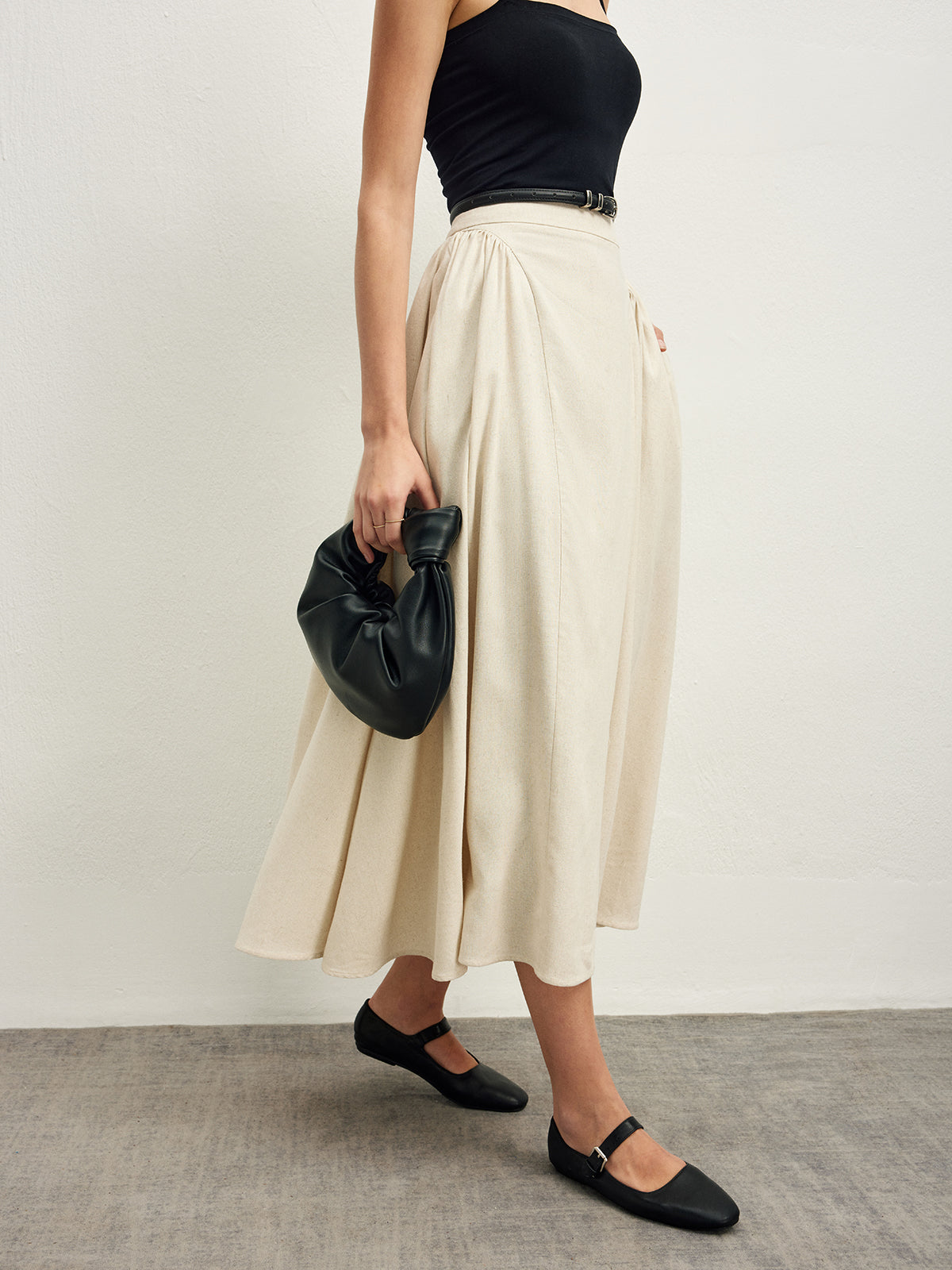 Cotton Blends Pleated Skirt Without Belt