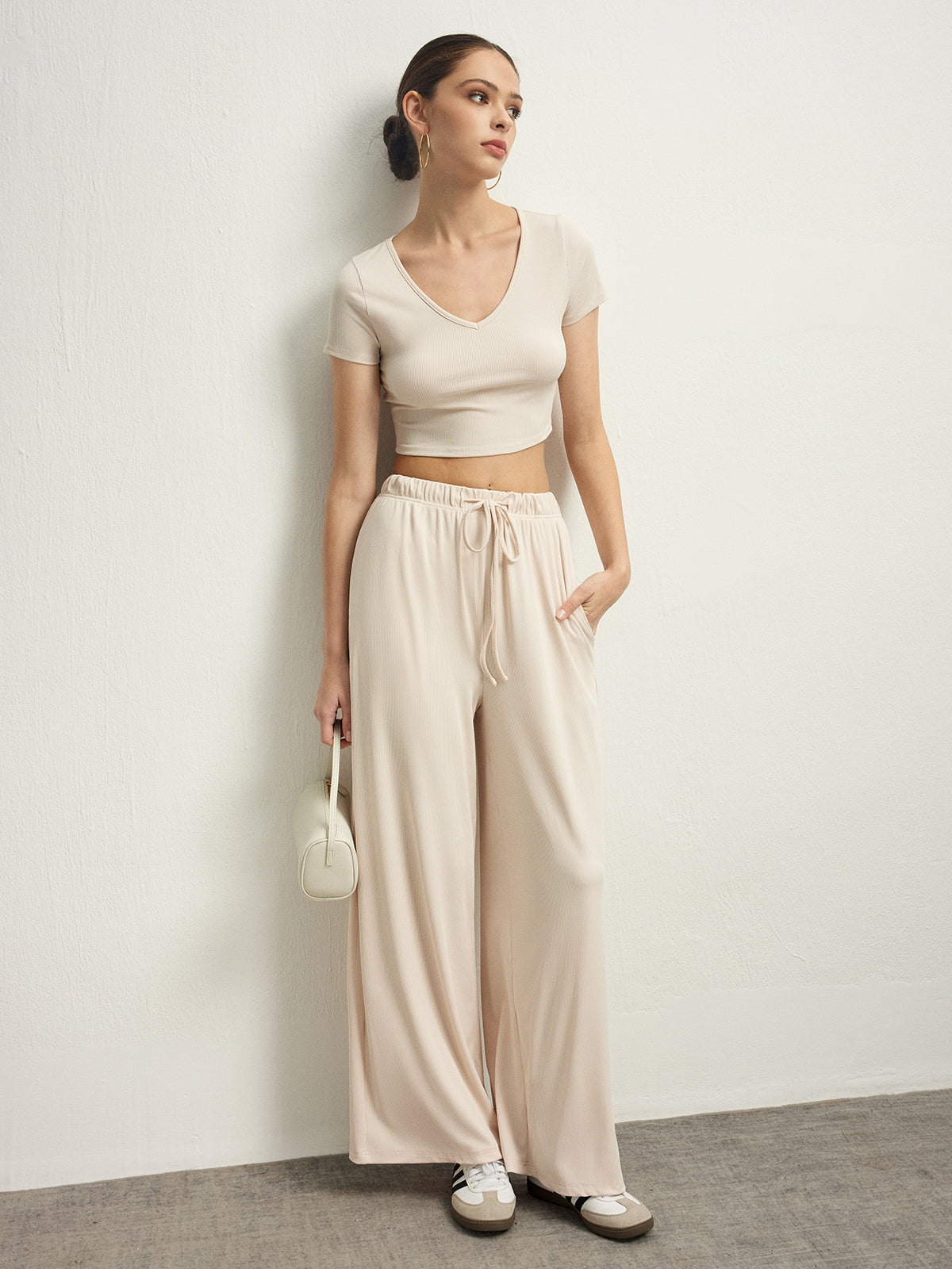 V-Neck Drawstring Draped Pants Set