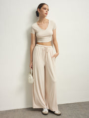 V-Neck Drawstring Draped Pants Set