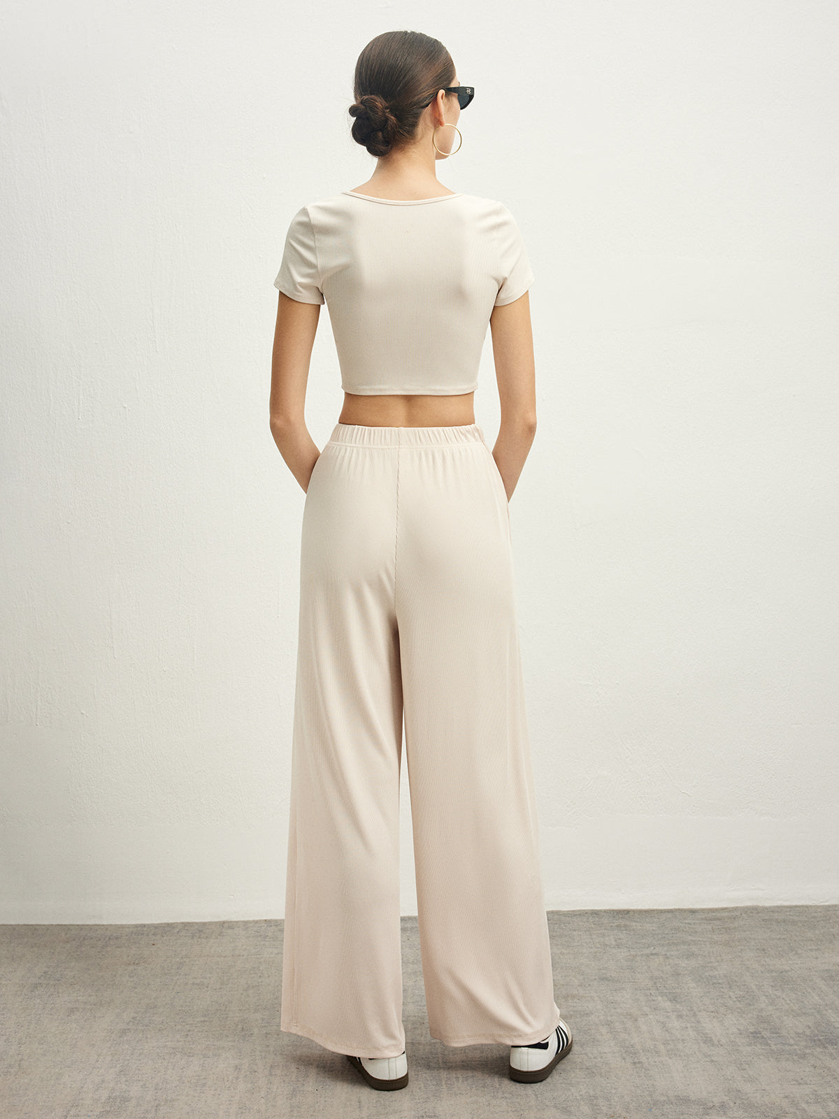 V-Neck Drawstring Draped Pants Set