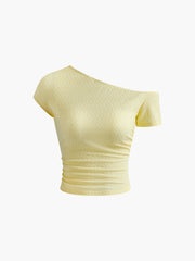 One Shoulder Pleated Mechanism Knitting T-Shirt