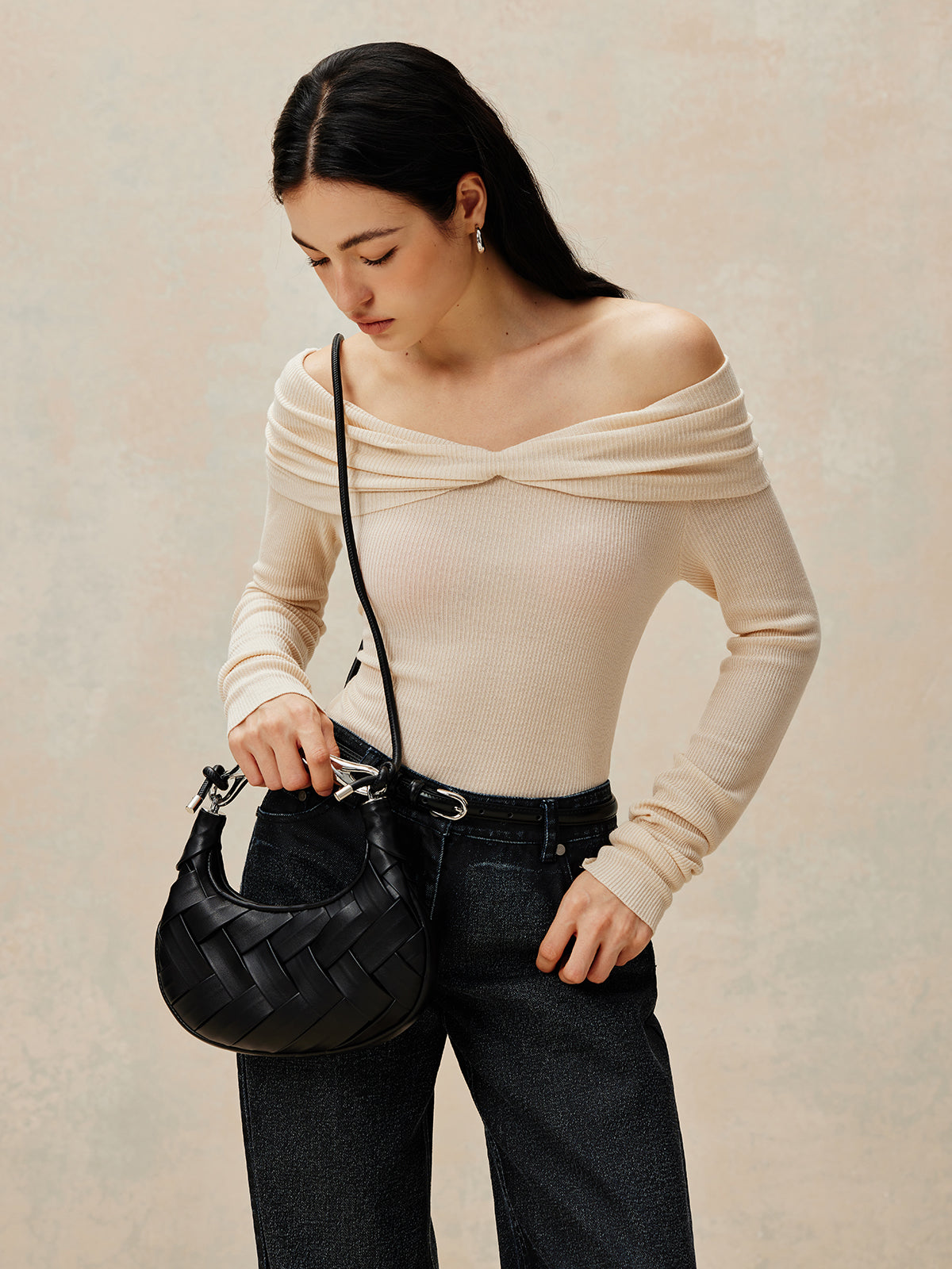 Off Shoulder Pleated Knit Top