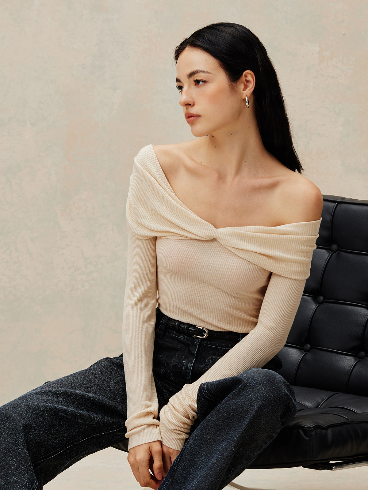 Off Shoulder Pleated Knit Top