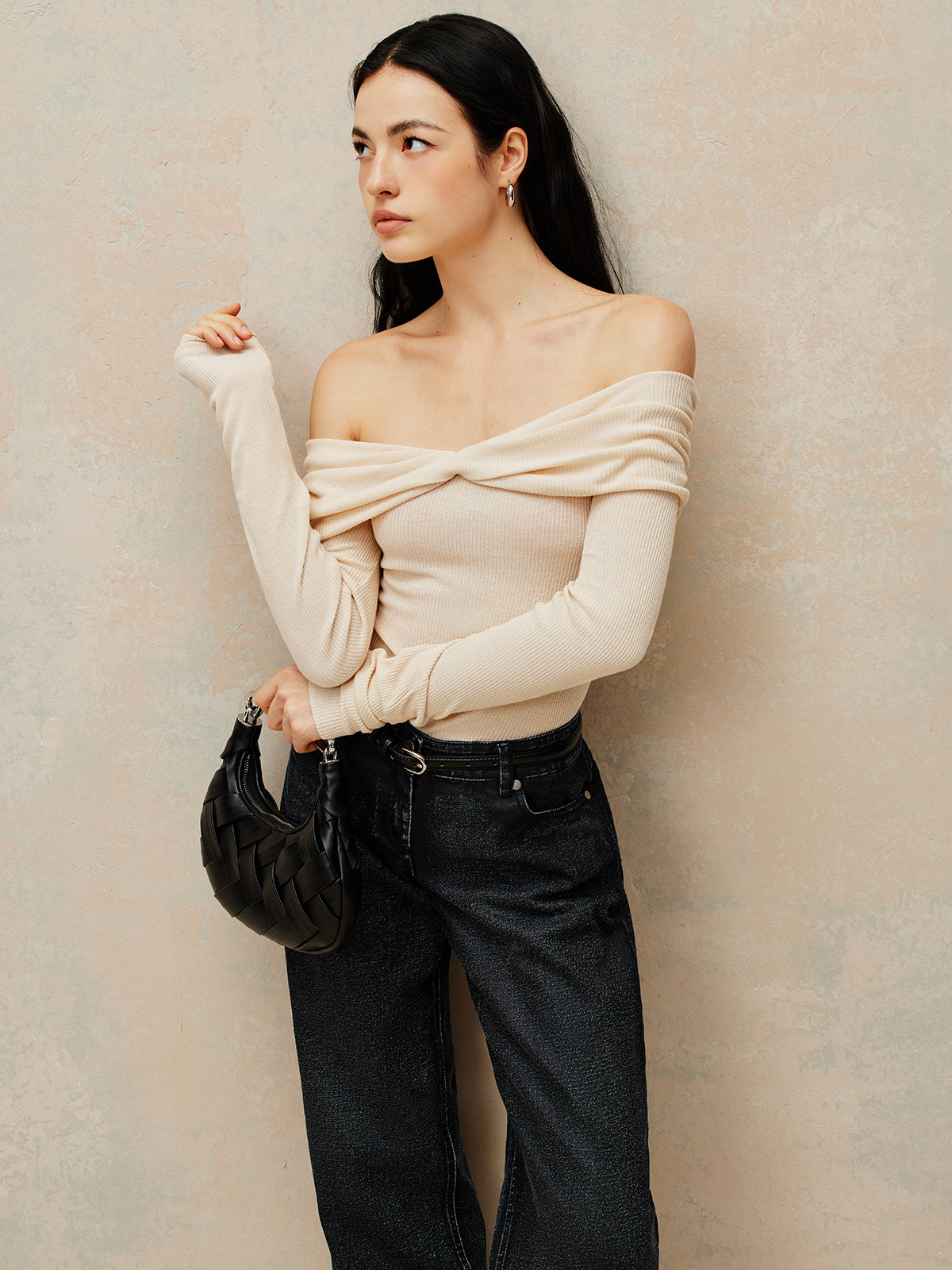 Off Shoulder Pleated Knit Top