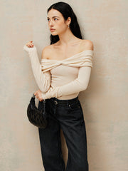 Off Shoulder Pleated Knit Top