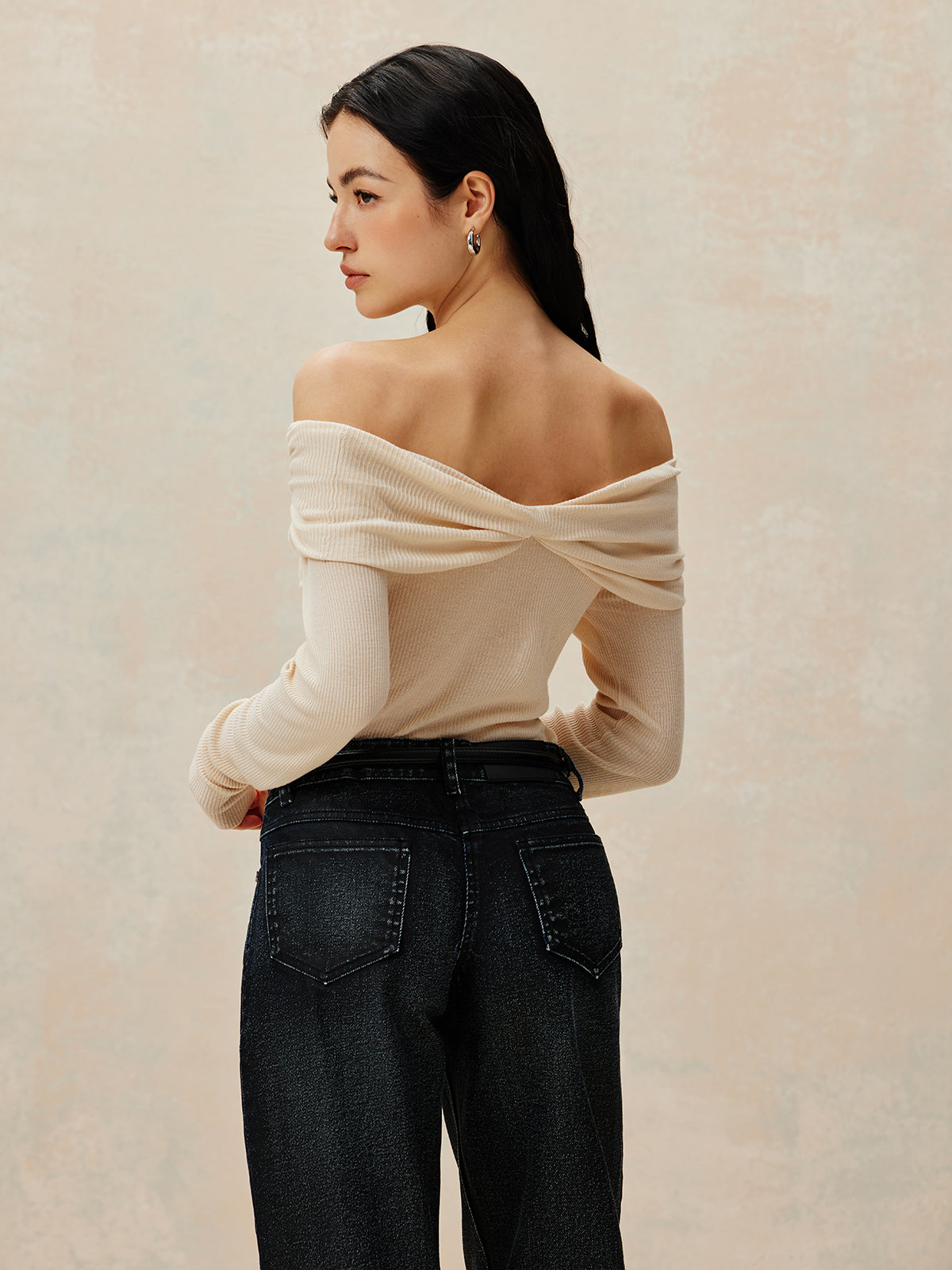 Off Shoulder Pleated Knit Top