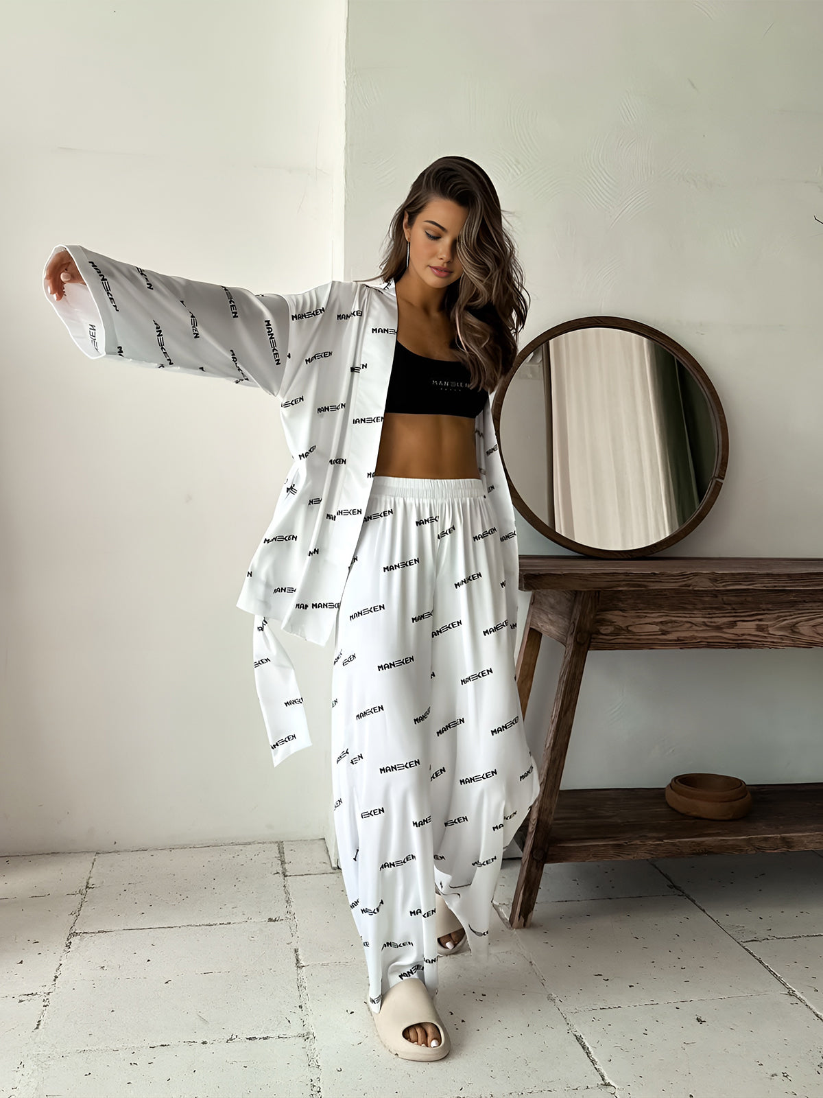 Word Printed Belted Soft Pants Set