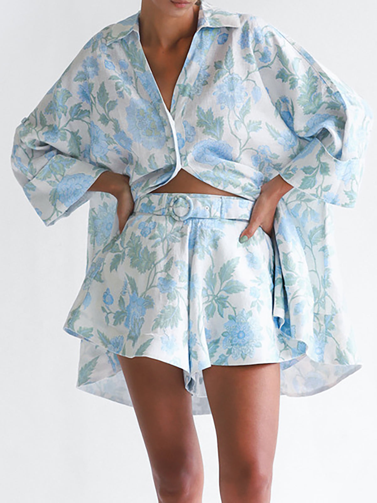 Lapel Floral Printed Belt Shorts Set