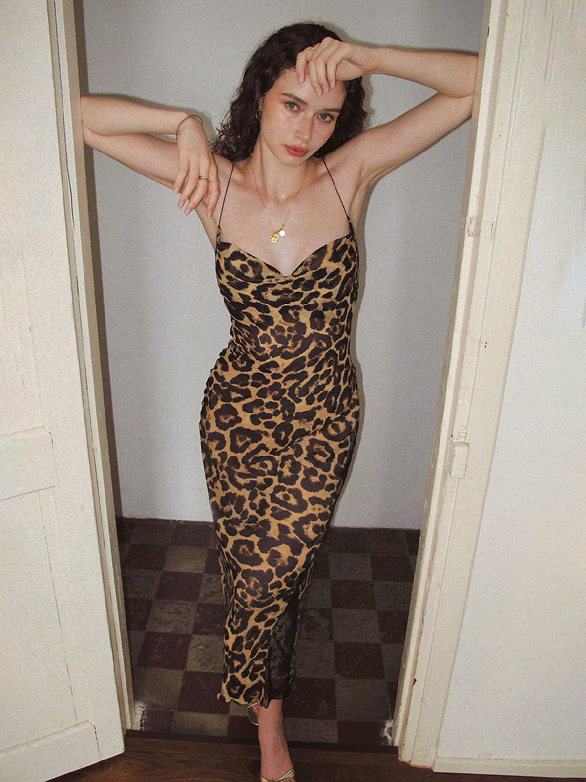 Leopard Print Backless Cami Long Dress