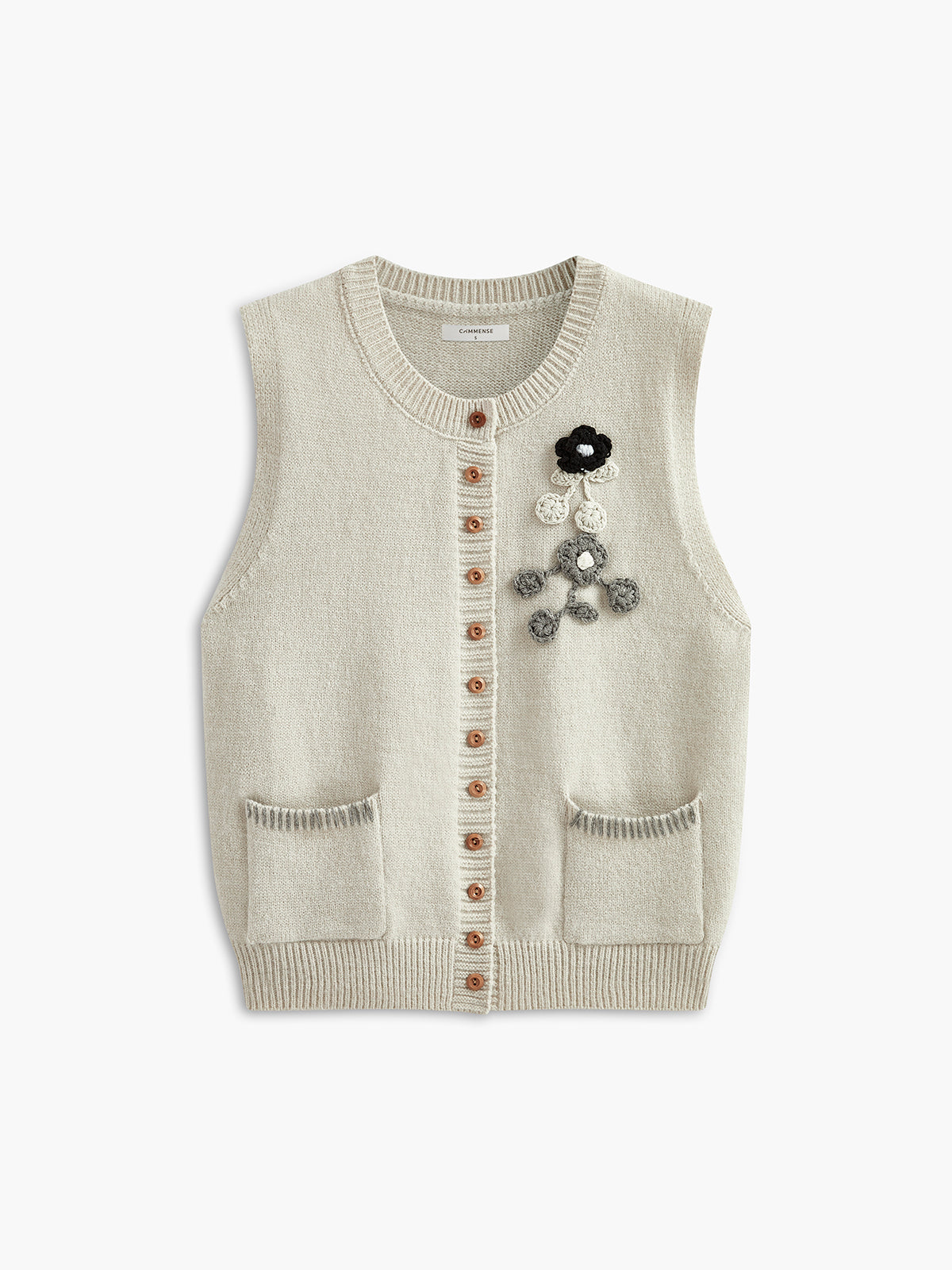 Floral Embroiled Pockets Knit Vest