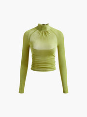 Mock Neck Pleated Backless T-Shirt