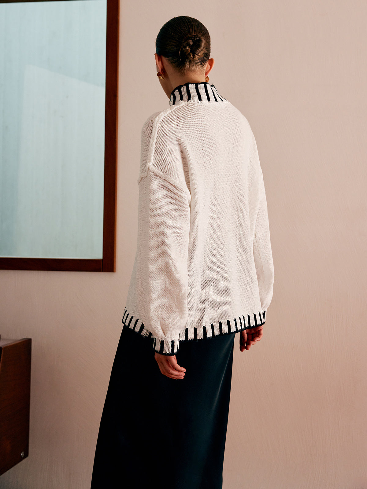 Stand Collar Embroidered Trim Sweater