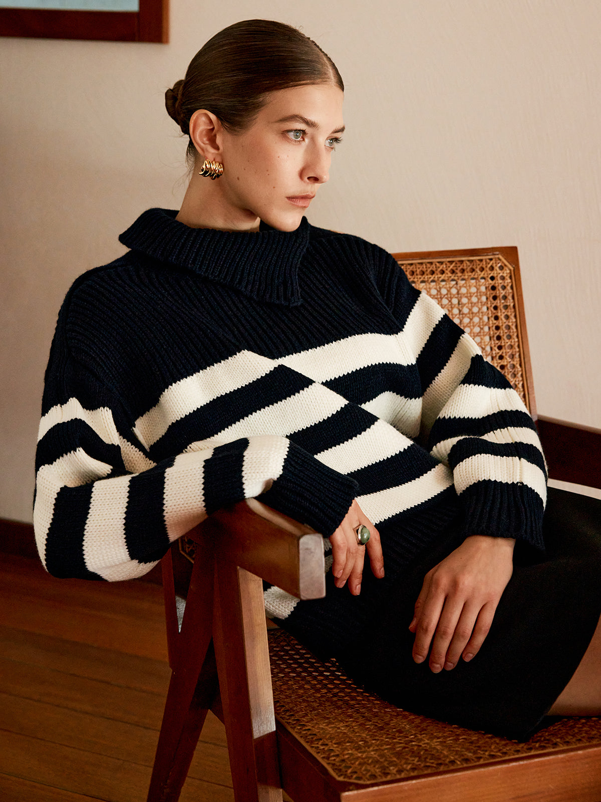 Wool-Blend Turtleneck Striped Sweater