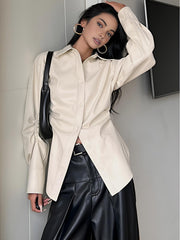 Lapel Pleated PU Leather Jacket