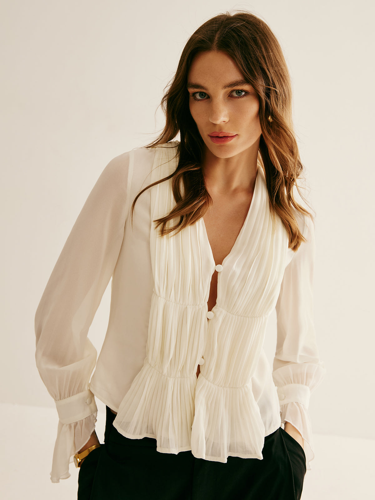 Chiffon Tie Back Pleated Blouse