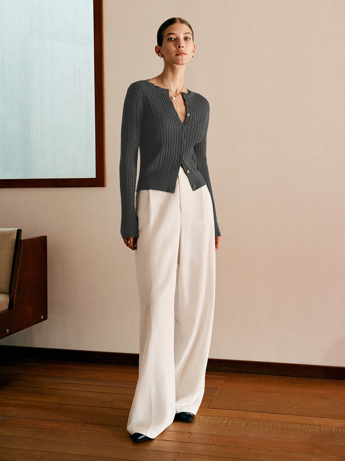 Button Slim Cable Knit Cardigan