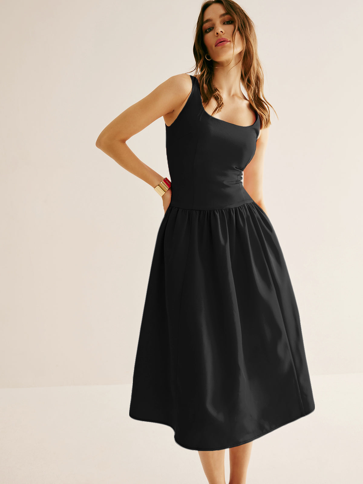 Square Neck Panel Pleated Dress