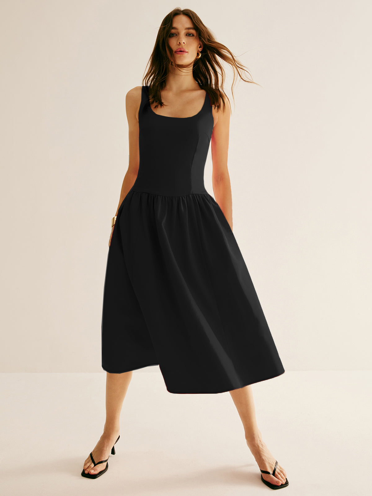 Square Neck Panel Pleated Dress