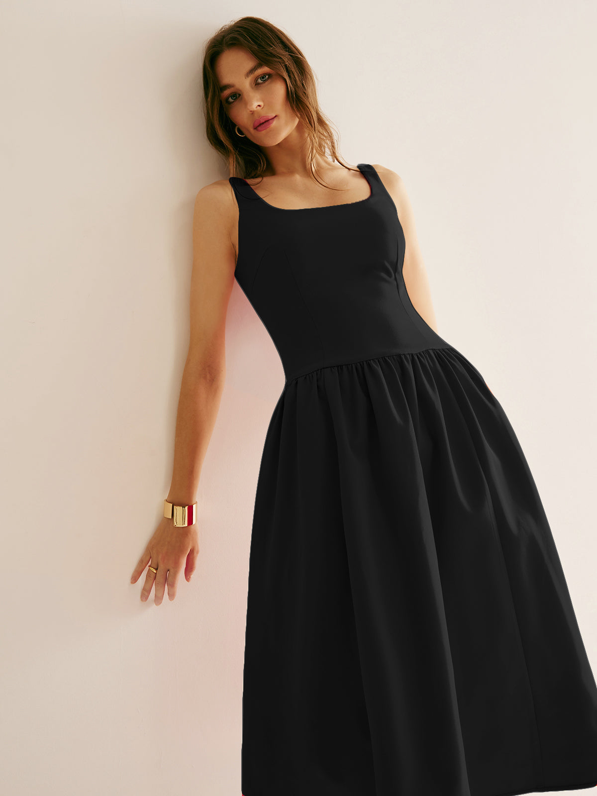 Square Neck Panel Pleated Dress