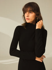 Turtleneck Long Sleeve Mini Dress with Slit and Ribbed Paneling