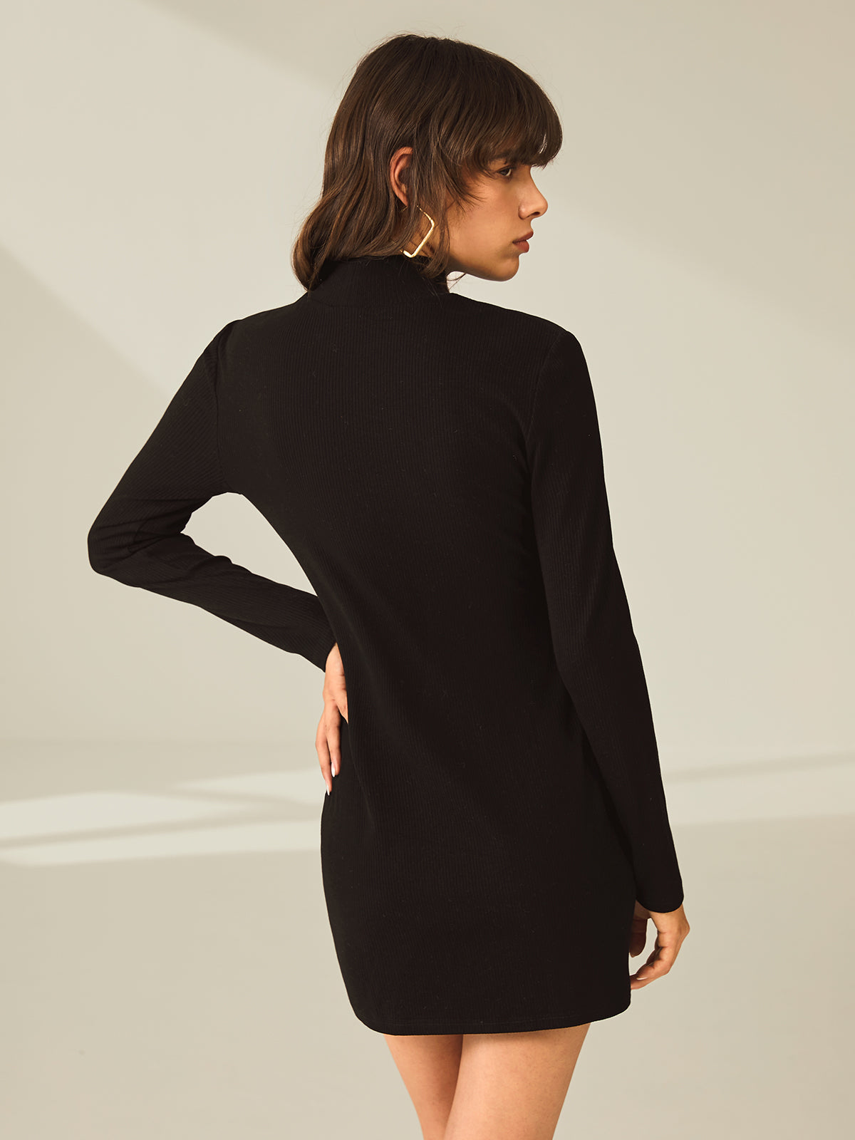 Turtleneck Long Sleeve Mini Dress with Slit and Ribbed Paneling